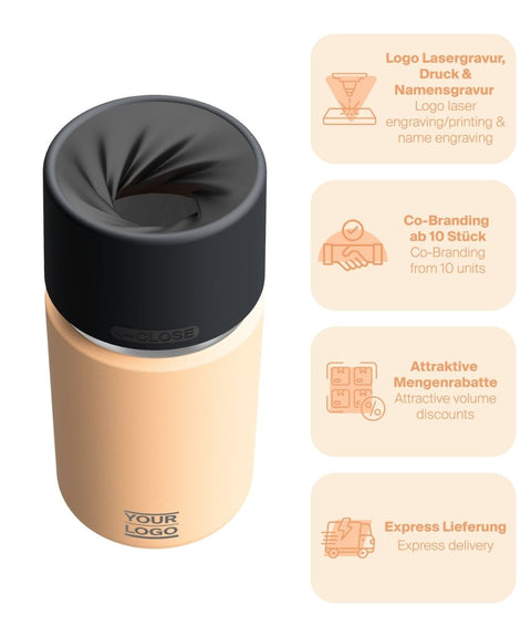 IRISgo® cup Thermobecher Vibrant Orange 350ml mit Logo Gravur, patentiertem Drehverschluss aus doppelwandigem Edelstahl, Swiss Made