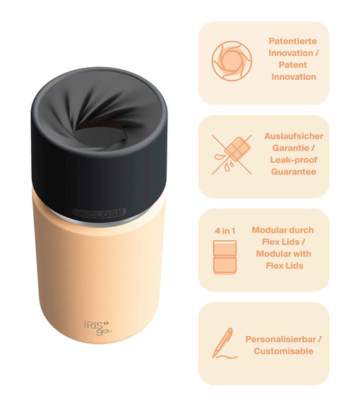 IRISgo® cup Thermobecher Vibrant Orange 350ml mit patentiertem Drehverschluss aus doppelwandigem Edelstahl, Swiss Made