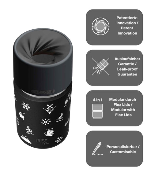 IRISgo® cup Thermobecher Winter 350ml mit patentiertem Drehverschluss aus doppelwandigem Edelstahl, Swiss Made