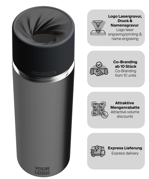 IRISgo® cup Thermobecher Classic 650ml mit Logo Gravur, patentiertem Drehverschluss aus doppelwandigem Edelstahl, Swiss Made