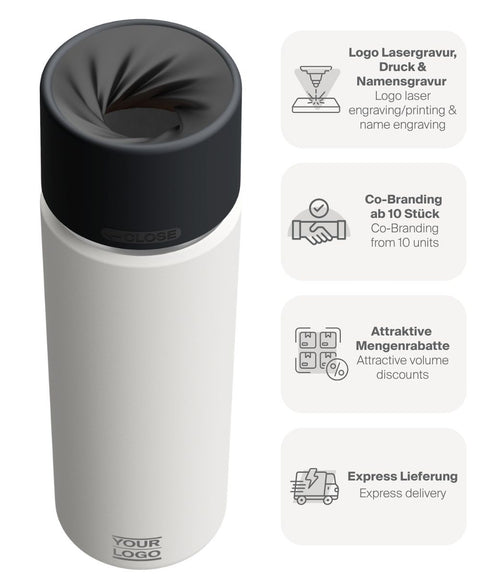 IRISgo® cup Thermobecher Flat White 650ml mit Logo Gravur, patentiertem Drehverschluss aus doppelwandigem Edelstahl, Swiss Made