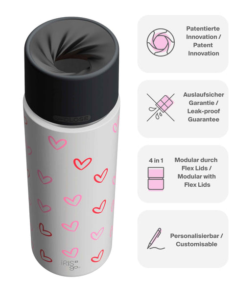 IRISgo® cup Thermobecher Herz Design 650ml mit patentiertem Drehverschluss aus doppelwandigem Edelstahl, Swiss Made