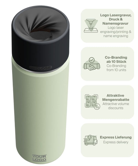 IRISgo® cup Thermobecher Kea Green 650ml mit Logo Gravur, patentiertem Drehverschluss aus doppelwandigem Edelstahl, Swiss Made