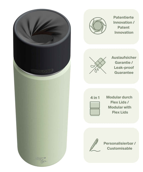IRISgo® cup Thermobecher Kea Green 650ml mit patentiertem Drehverschluss aus doppelwandigem Edelstahl, Swiss Made