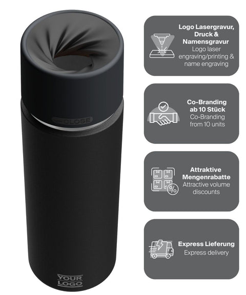IRISgo® cup Thermobecher Roasted Black 650ml mit Logo Gravur, patentiertem Drehverschluss aus doppelwandigem Edelstahl, Swiss Made