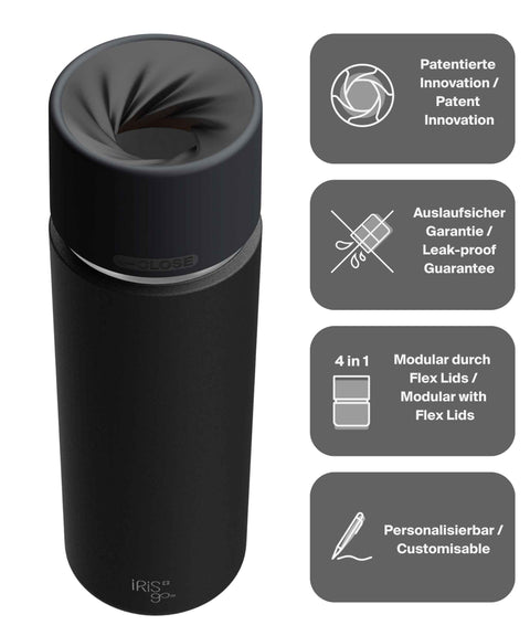 IRISgo® cup Thermobecher Roasted Black 650ml mit patentiertem Drehverschluss aus doppelwandigem Edelstahl, Swiss Made