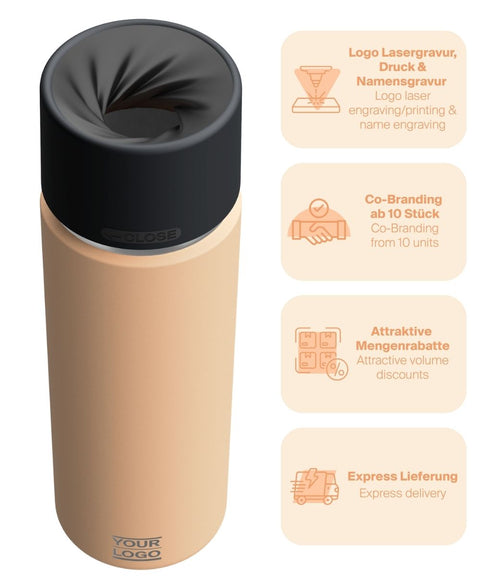 IRISgo® cup Thermobecher Vibrant Orange 650ml mit Logo Gravur, patentiertem Drehverschluss aus doppelwandigem Edelstahl, Swiss Made