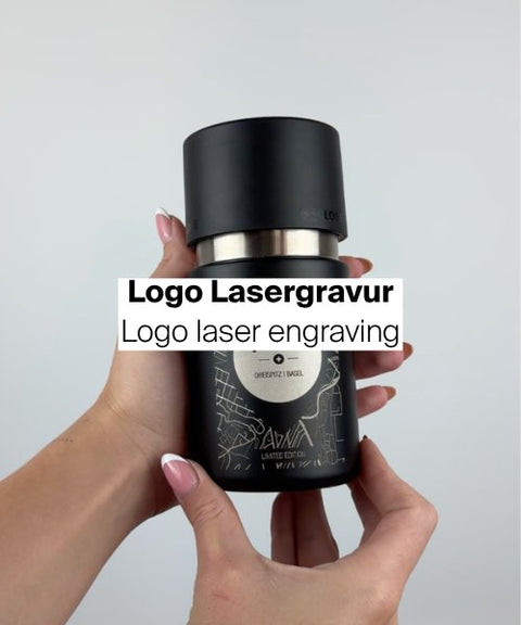 IRISgo® cup mit Logo Lasergravur für Optiswiss, B2B Co-Branding